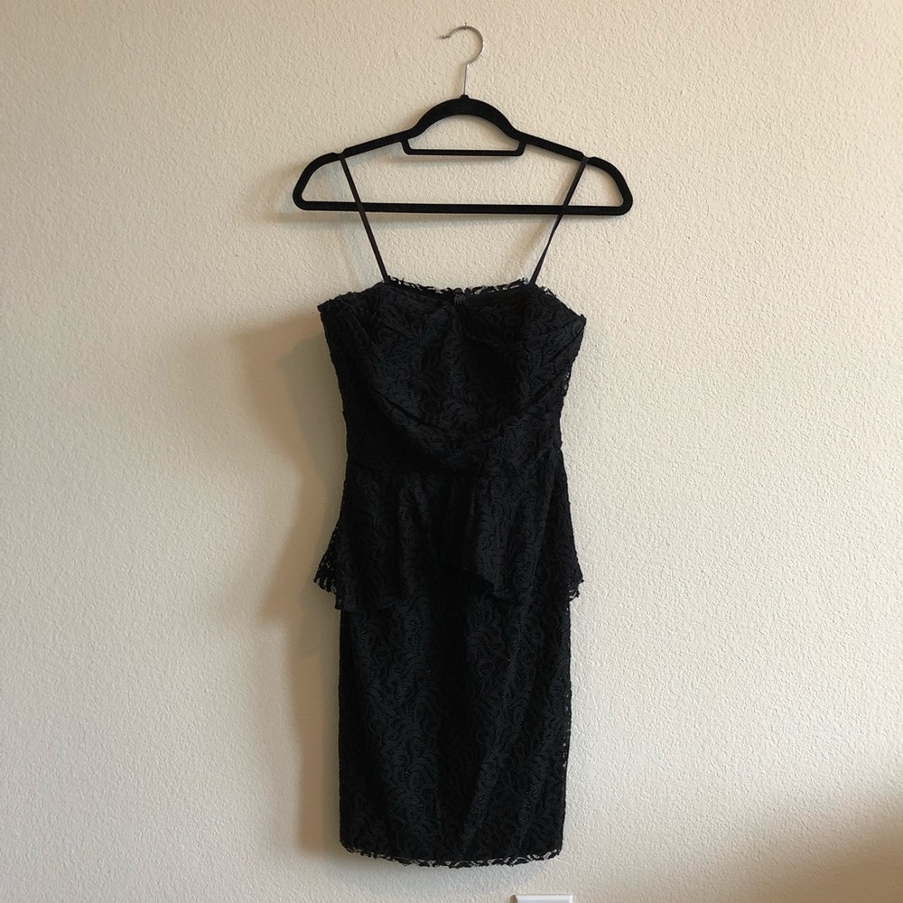 Donna Morgan Strapless Black Lace Peplum Dress